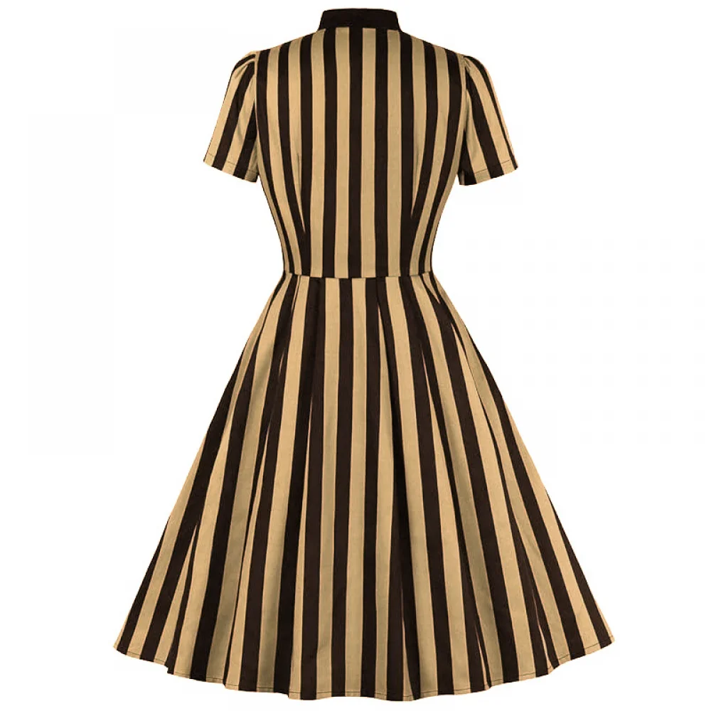 Gaun bergaris 1950-s wanita untuk gaun Retro hitam dan putih gaun motif garis cetak dasi depan Rockabilly kostum Halloween