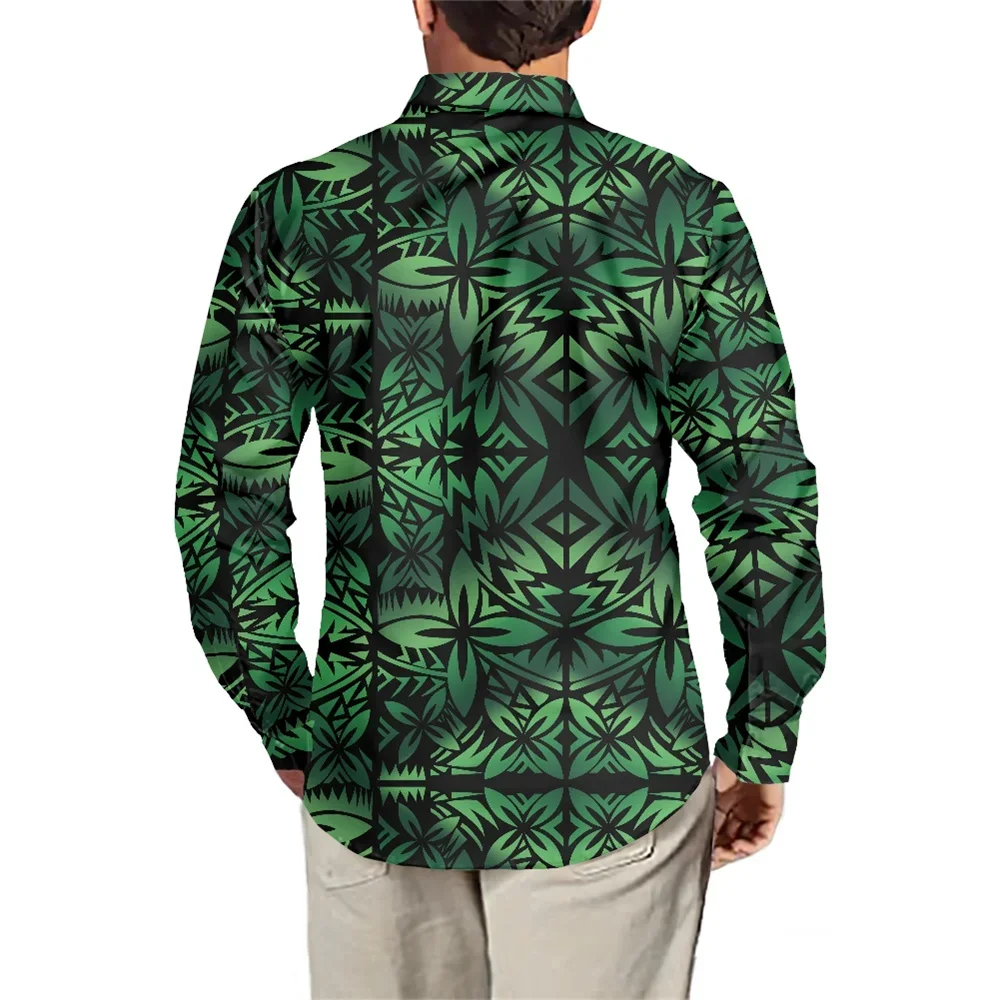 Factory Outlet Long Sleeve Buttons Up Shirt Polynesian Tribal Traditional Fabric Green Tapa Floral Printed Men's Shirts Special