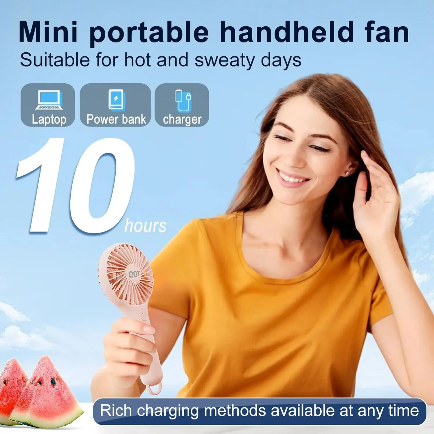 Mini ventilatore portatile QQT, piccolo ventilatore personale con 3 velocità, ventilatori portatili a batteria, ciglia per trucco ricaricabili tramite USB