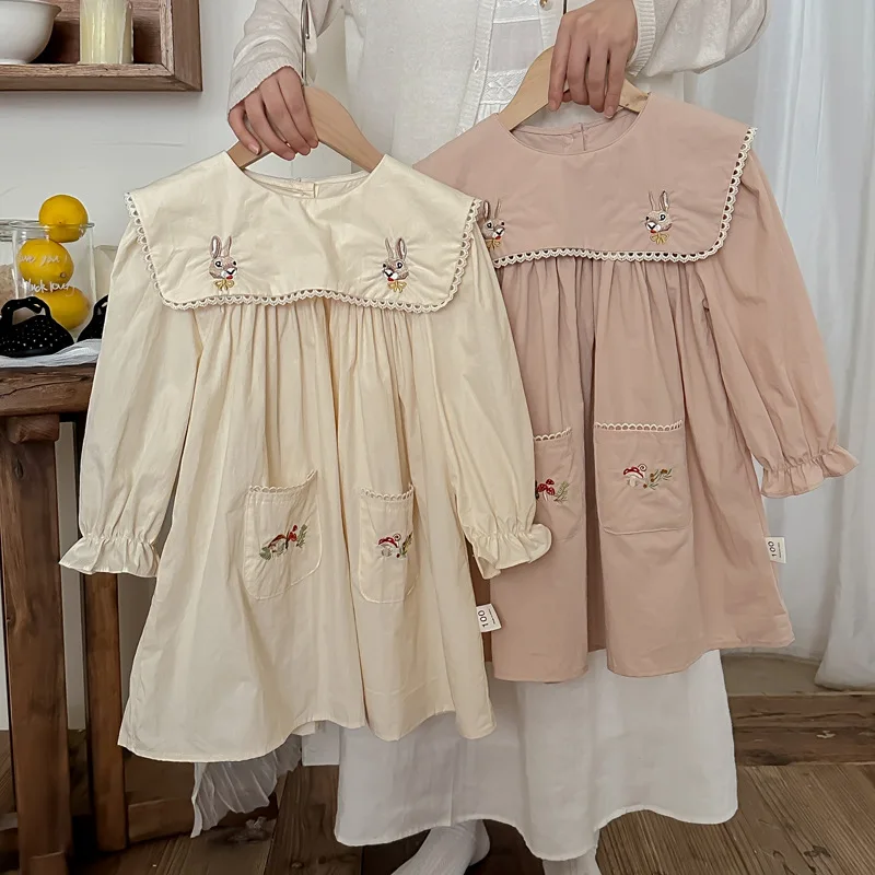 Girls Casual Dresses Cartoon Rabbit Embroidered Girl Dress Lapel Pocket Mushroom Embroidered Puffed Sleeve Dress