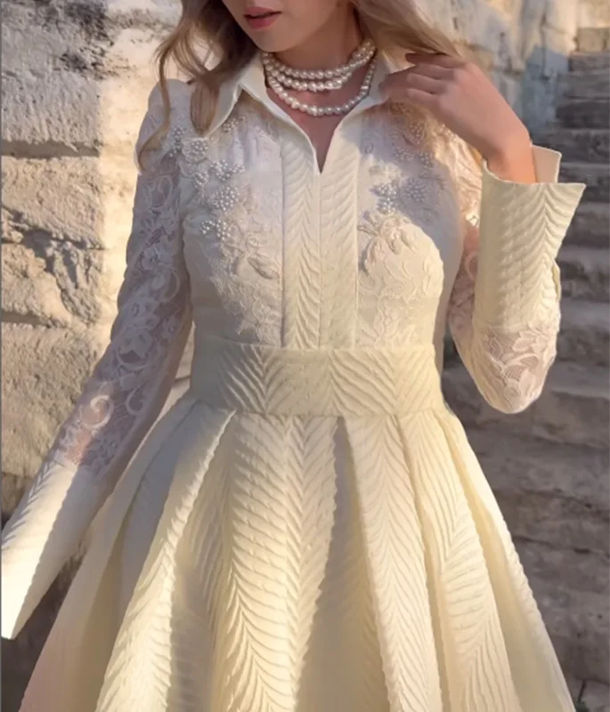 Ele dentelle blanche Svel longue Dr 2024 nouveau Sle transfrontalier Faion coupe ajustée Vintage perle fleur avant poitrine Dr