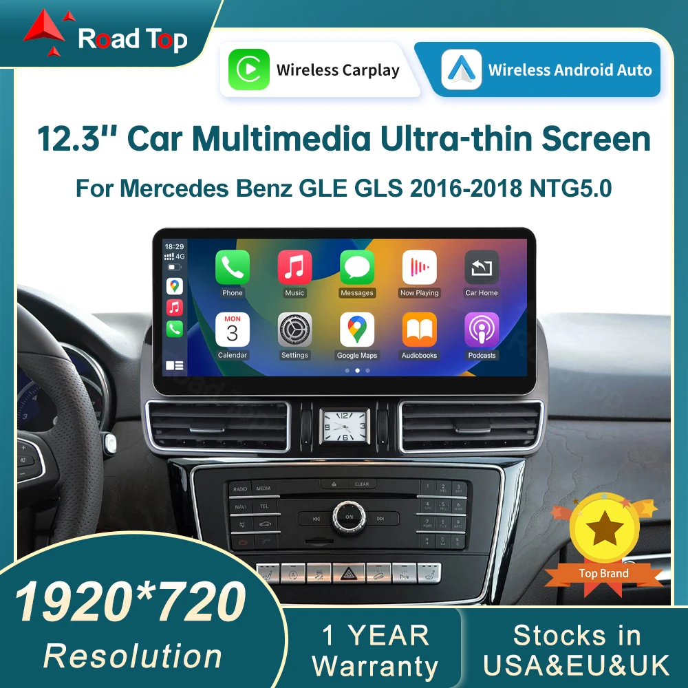 12.3' Ultra-Narrow Linux HD Screen, Car Stereo Touchscreen, Support Wireless CarPlay, Android Auto, Mirrorlink, Retains OEM for Mercedes-Benz GLE GLS 2016-2018 NTG5.0 System