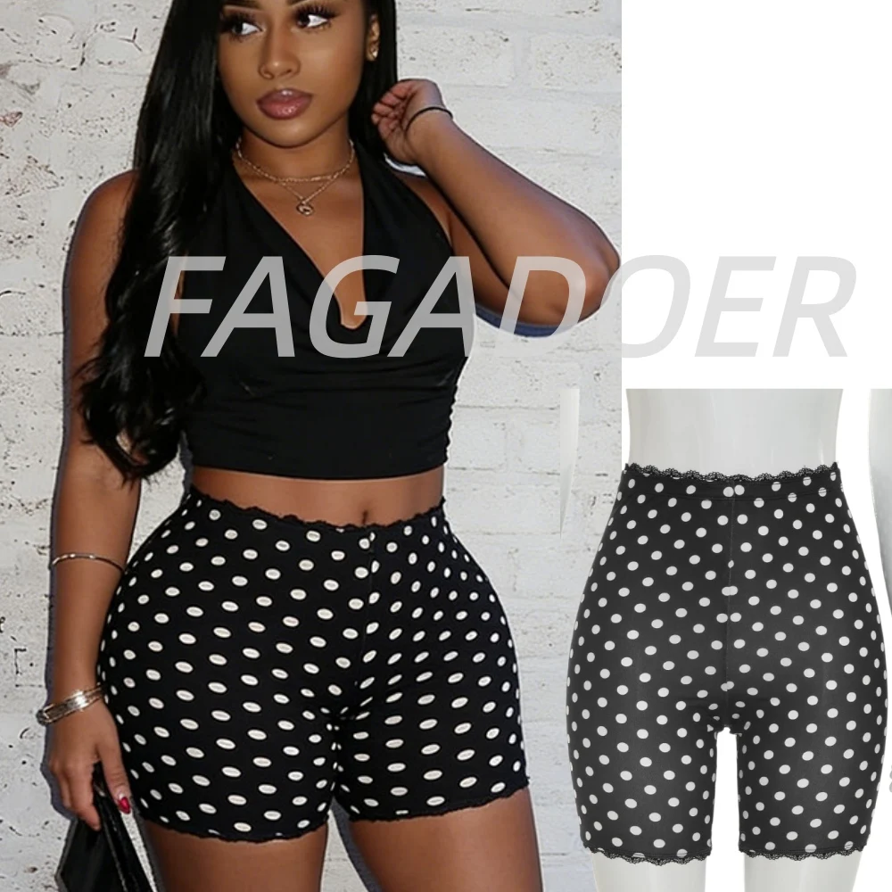 FAGADOER Fashion Polka Dot Women Shorts Sexy Charming Slim Bottom Female Streetwear Lace Edge Moto Biker Shorts Leopard New 2026