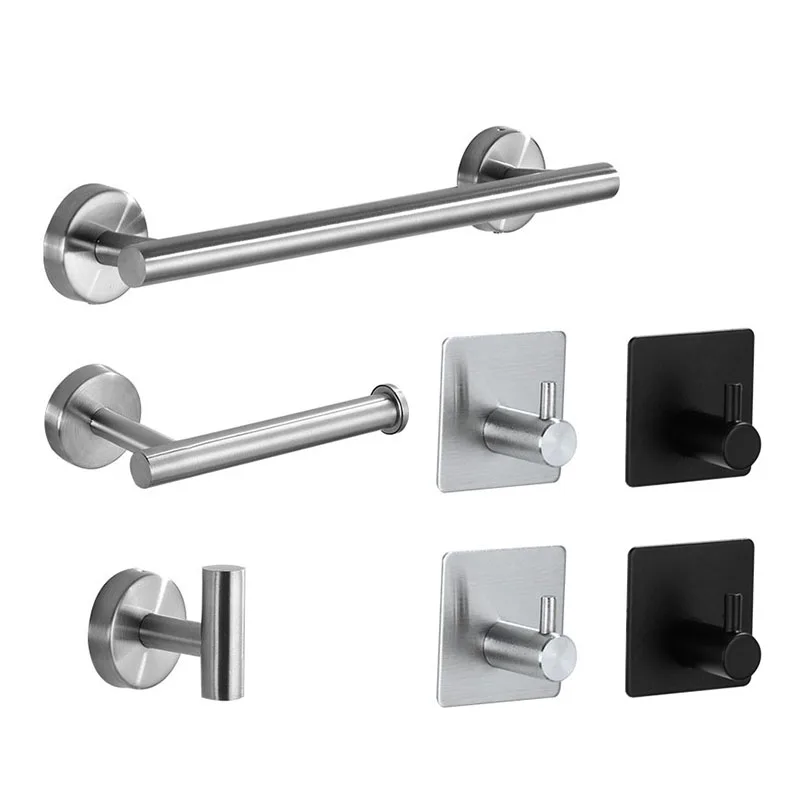 set Stainless Steel Robe Hook Towel Rails Bar Rack Shelf Tissue Paper Holder Bathroom Hardware Set Accessories silver Black 3x