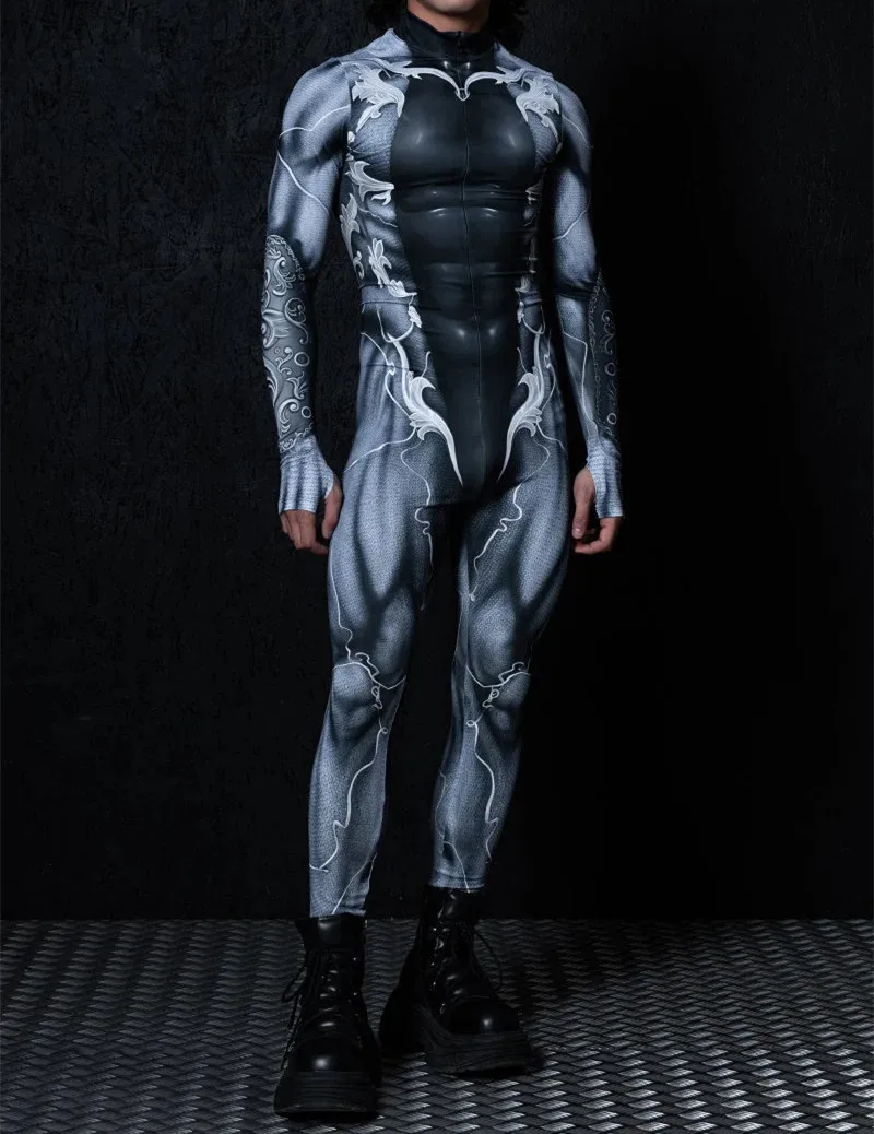 

Men Black Cool Punk Cosplay Jumpsuit Muscles Pattern Costume Halloween Stage Performance Rompers Carnival Party Elastic Bodysuit