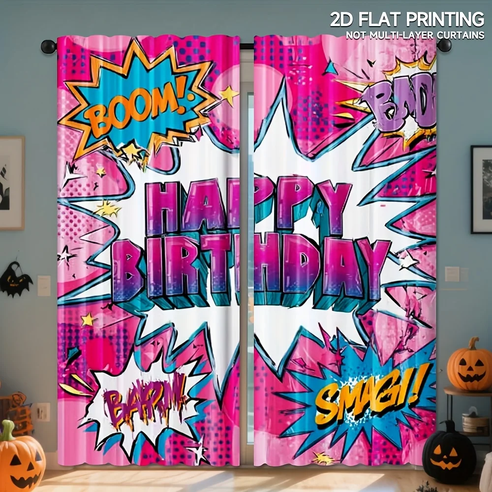 2pcs Birthday & Halloween Curtains - Comic Book Style Window Drapes with BOOM! BAD! Graphic, Semi-Sheer Rod Pocket Window Treatm