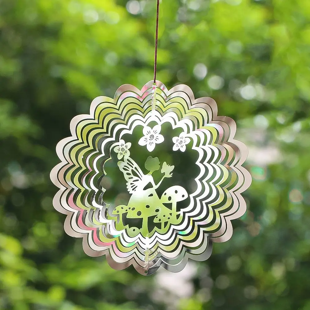 Garden Wind Spinner Hanging Decor Stainless Steel 3D Whirligigs Flowing Illusion Mirror Outdoor Yard Bird Deterrent