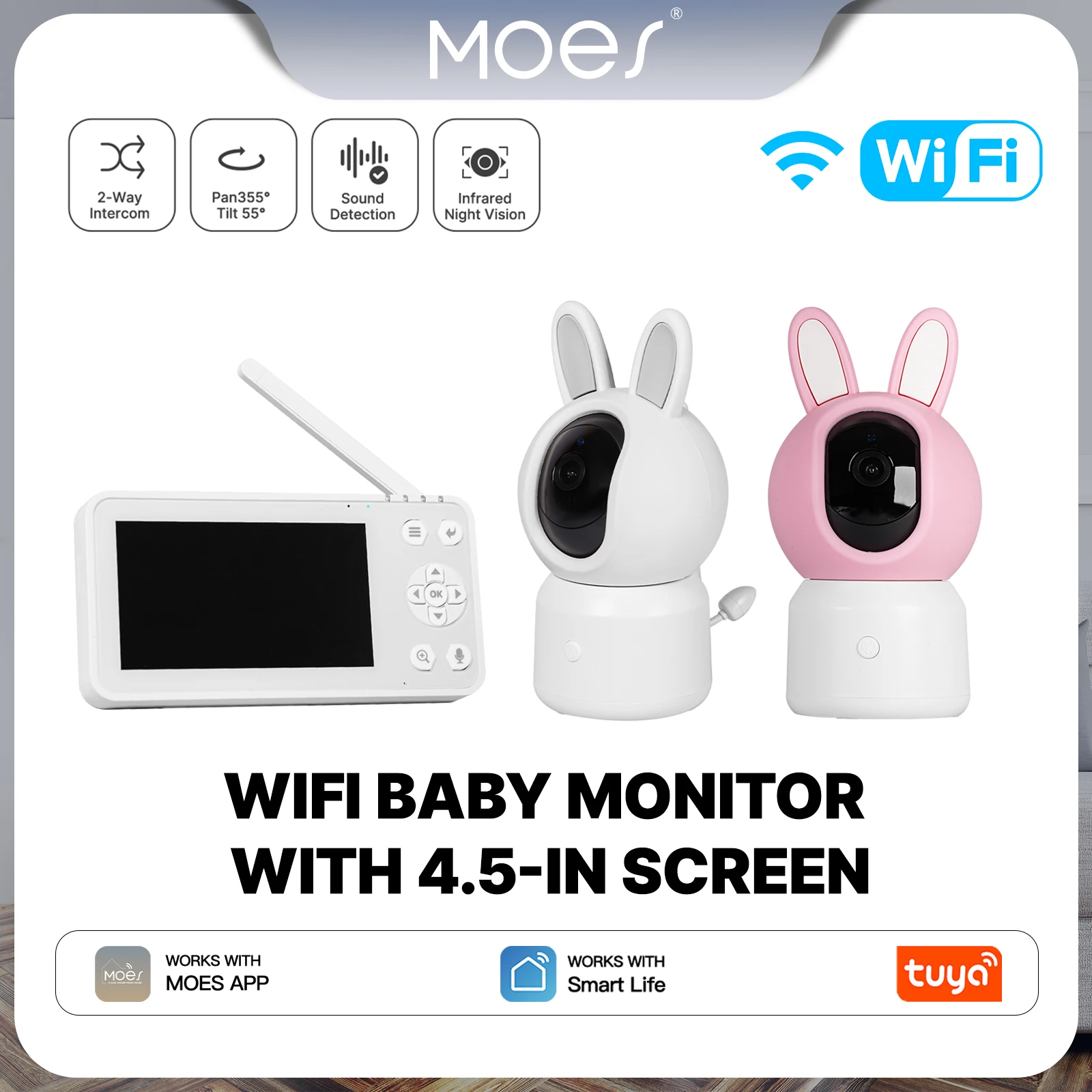 

Умная Wi-Fi камера-видеоняня/видеонаблюдение за питомцами MOES Tuya с 4,5-дюймовым ЖК-экраном, PTZ-зумом, датчиком температуры и функцией укачивания