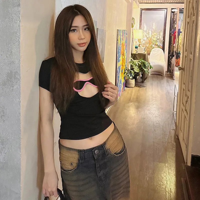 Dan Lian Season Ins Famous Spicy Girl  Street Snap Glasses Pattern Slim Short Crop Top Short Sleeve T Shirt Trendy