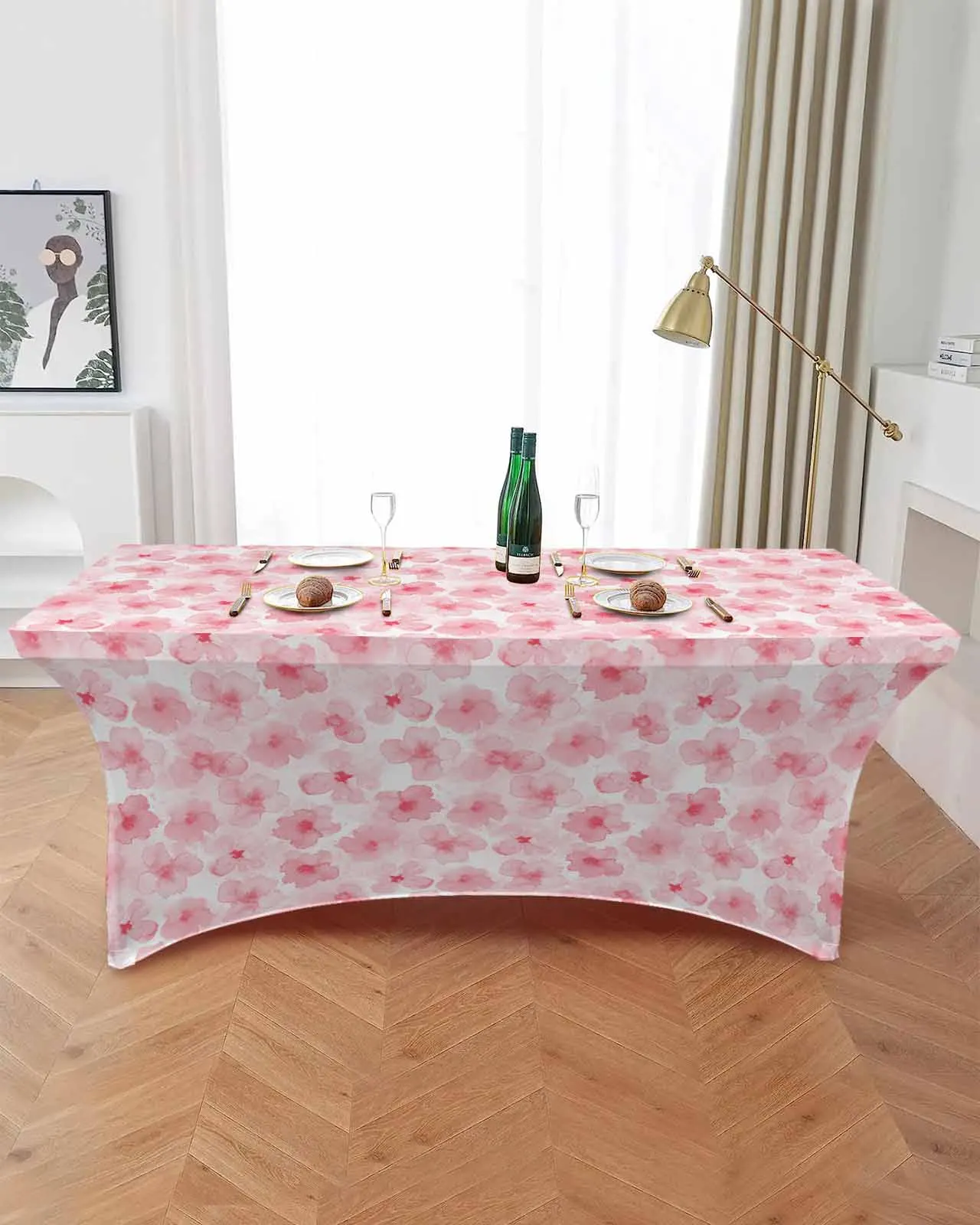 Pink Watercolor Floral Texture Rectangular Elastic Table Skirt Wedding Hotel Table Cover Holiday Dining Table Tablecloth