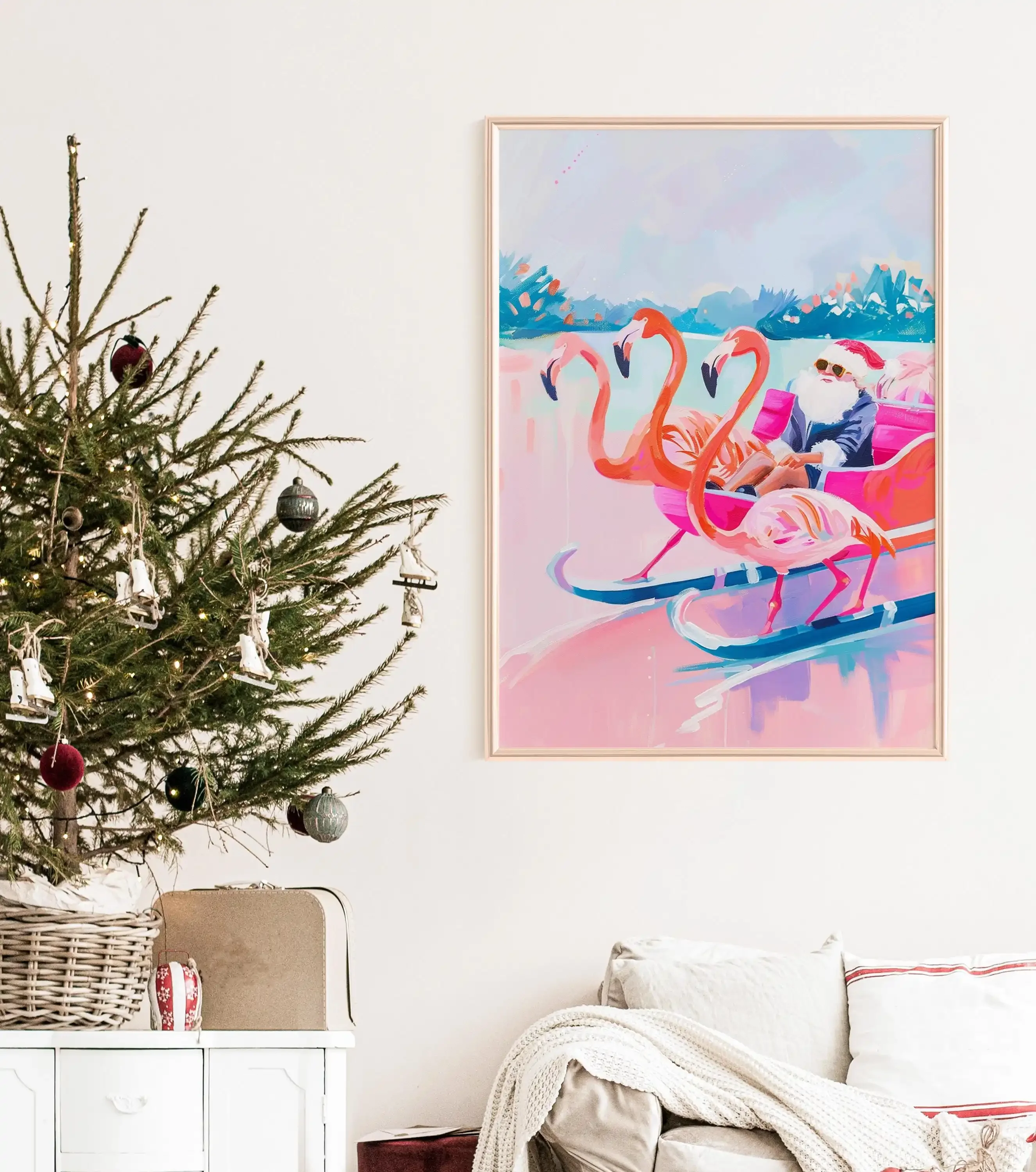 Frameless canvas paintings,Abstract Christmas Santa Pink Flamingo Canvas Wall Art - Winter Holiday Painting Festive Christmas Po