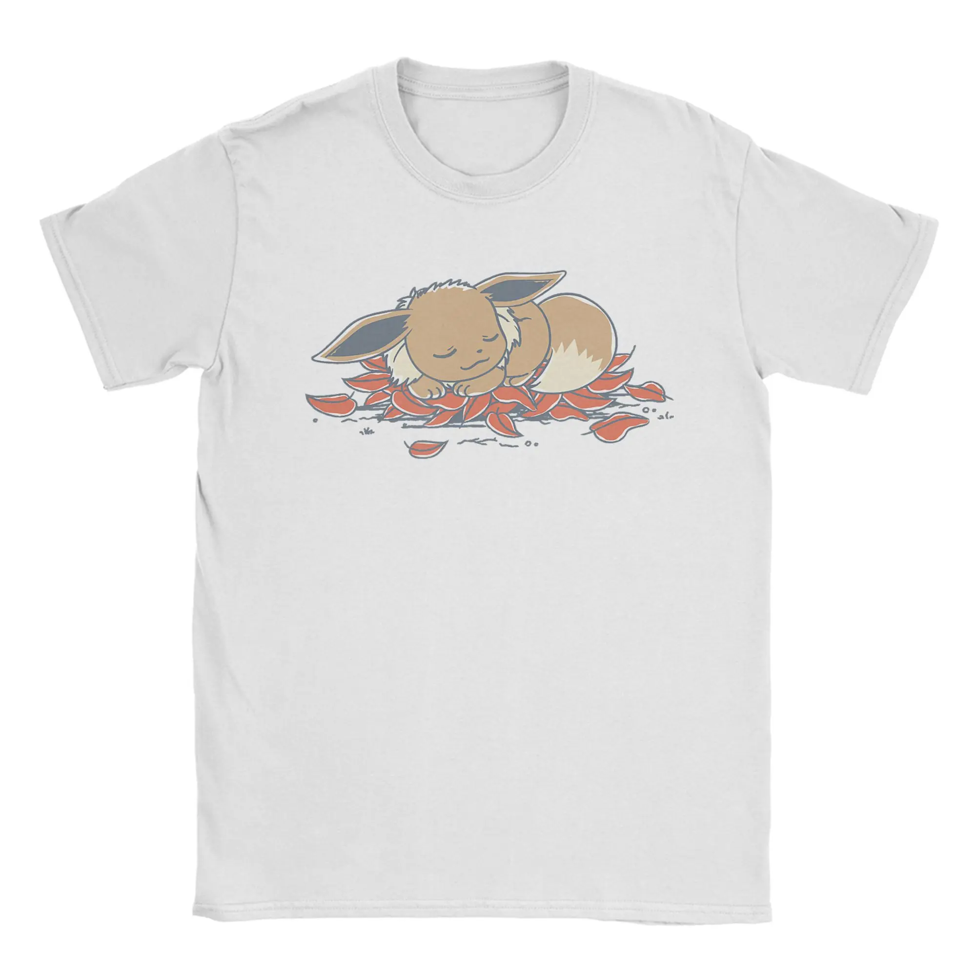 Funny Pokemon Eevee Sleeping On Leaves Generation T-Shirt Men Crew Neck Pure Cotton T Shirts  Short Sleeve Tees Classic Tops