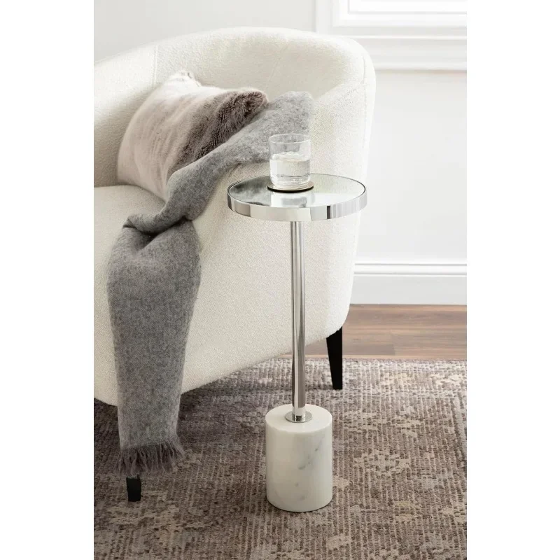 Hescott Modern Mirrored Drink Table,  White Marble and Silver, Glam Round Accent Table with Premium Marble Base and Mirror