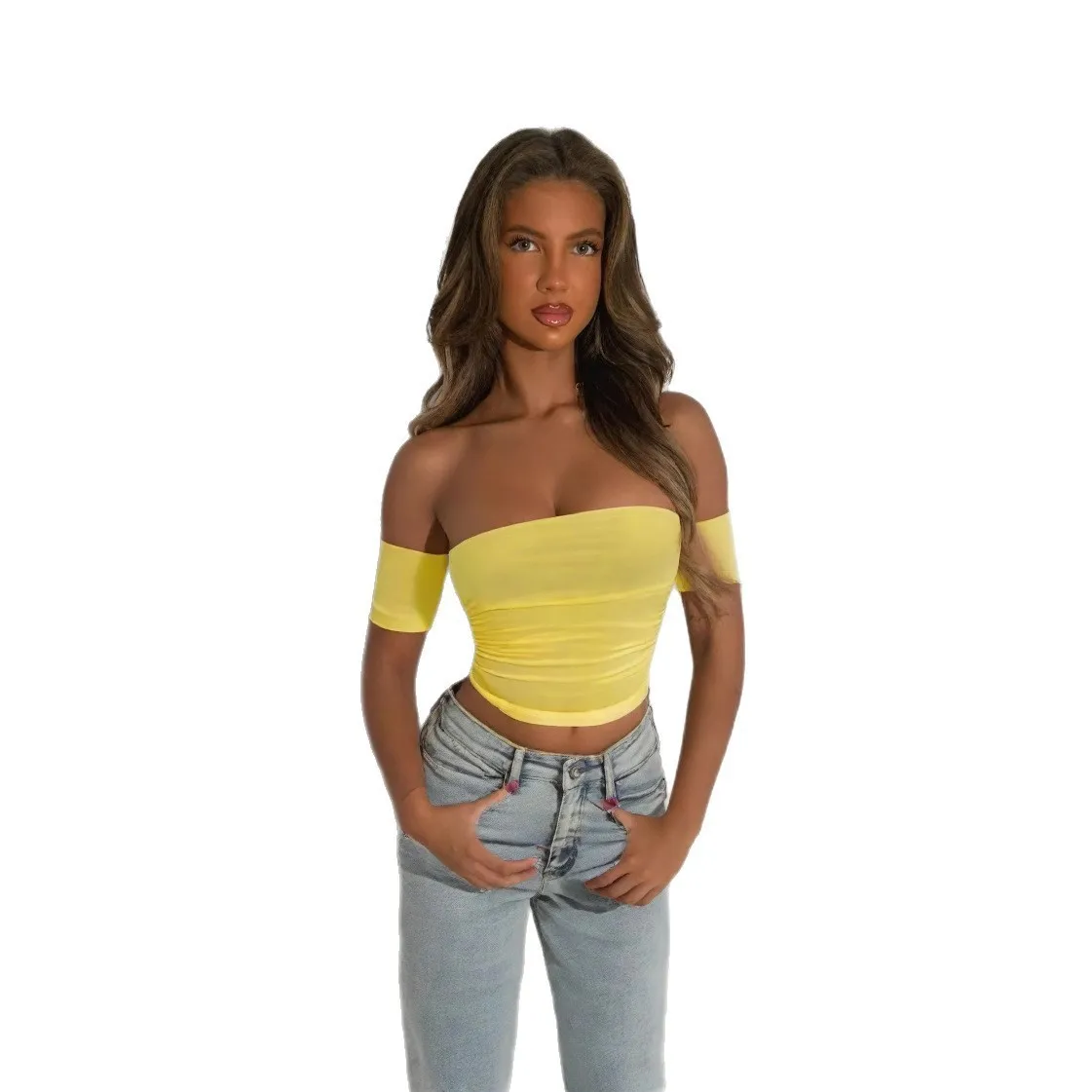 

Новая женская одежда, хит продаж, топ-труба с открытыми плечами, воротник с одним словом, топ с запахом на груди, летний сексуальный топ