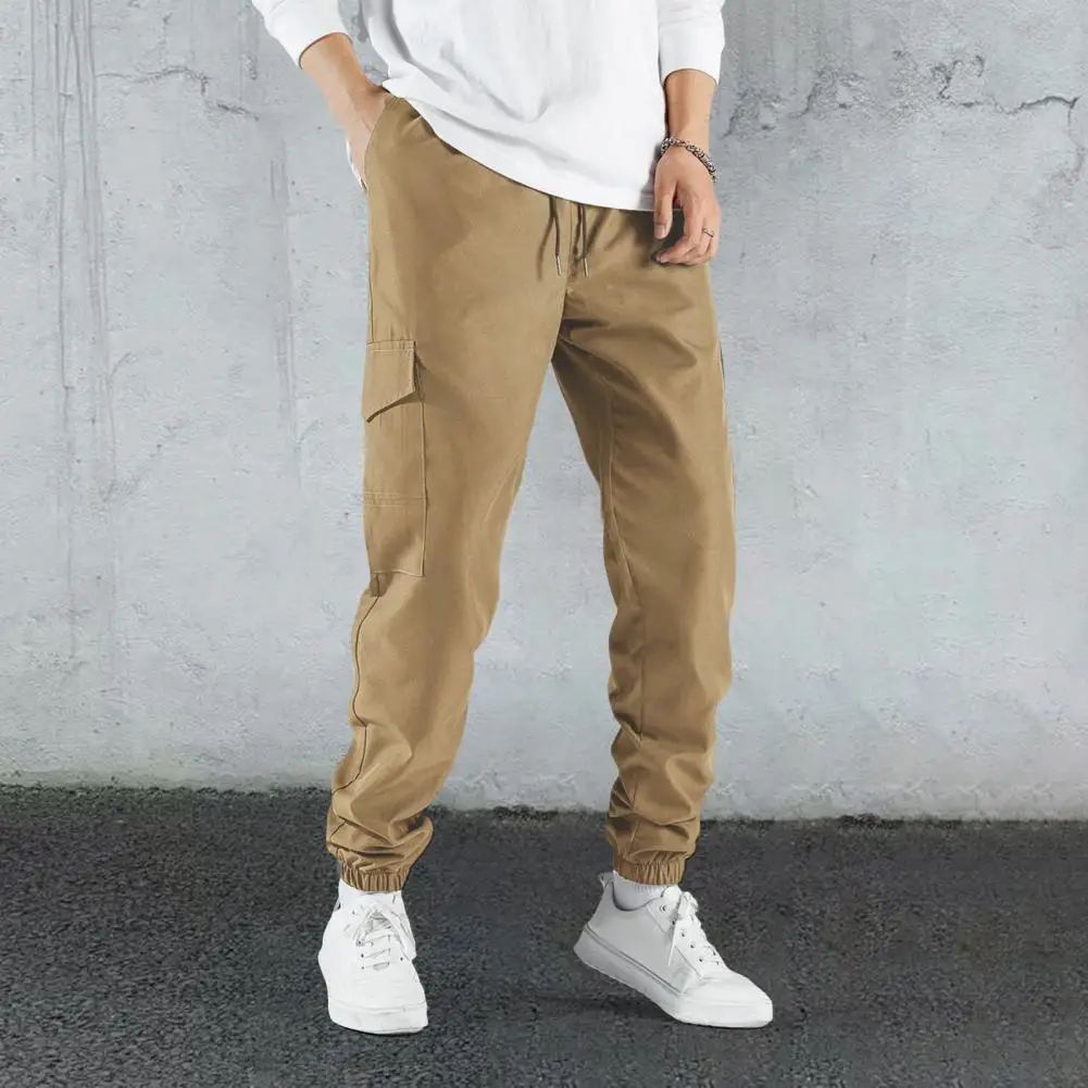 

Stretchy Waist Pants Men's Drawstring Cargo Pants with Elastic Waist Multiple Pockets Ankle-banded Sport Trousers for Daily Wear