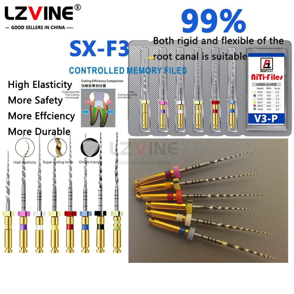 6Pcs/Pack 25MM Dental Niti Files pro Heat Activated Flexible Endo Rotary Endodontic Gold Blue Silver Rainbow Canal Root 0.4Taper
