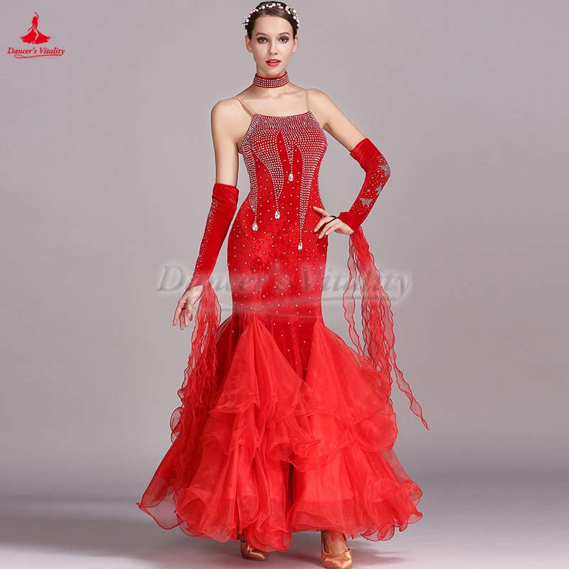 Waltz Foxtrot Tango Quickstep Professional Modern Big Swing Dresses with Necklace Ballroom Dance Performance Competitions Clothe