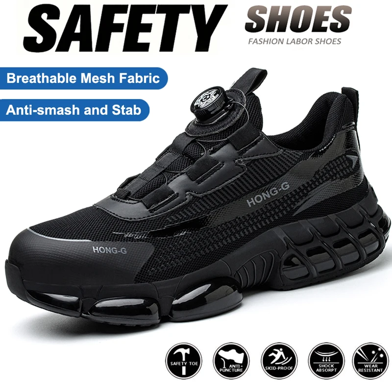 

New Rotating Button Safety Shoes Men Anti-smash Anti-puncture Work Shoes Fashion Men Sport Shoes Security Protective Boots Men ﻿