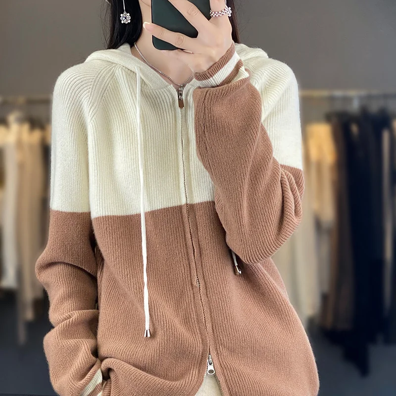 

WOTEEWS Fashion Versatile Cardigan Women's Hooded 100% Australian Wool Sweater Color Matching Knitted Full Sleeve Coat Hot Sale