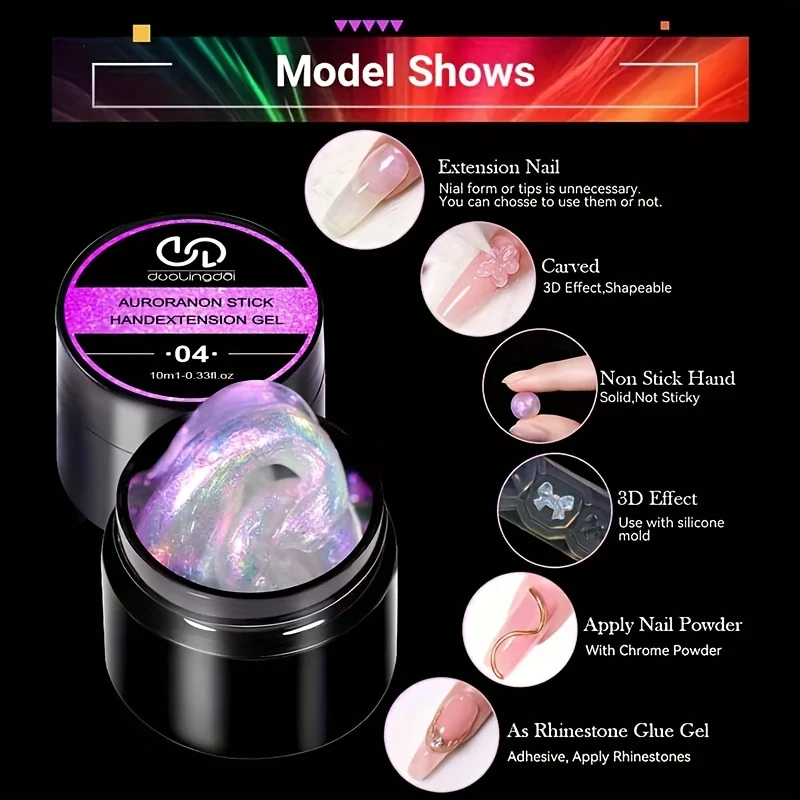Doolingdai 10ml Aurora Non-Stick Solid Extension Nail Gel 6Colors Set Carving 3D Effect UV LED Hard Gel Rhinestone Glue Manicure view 3