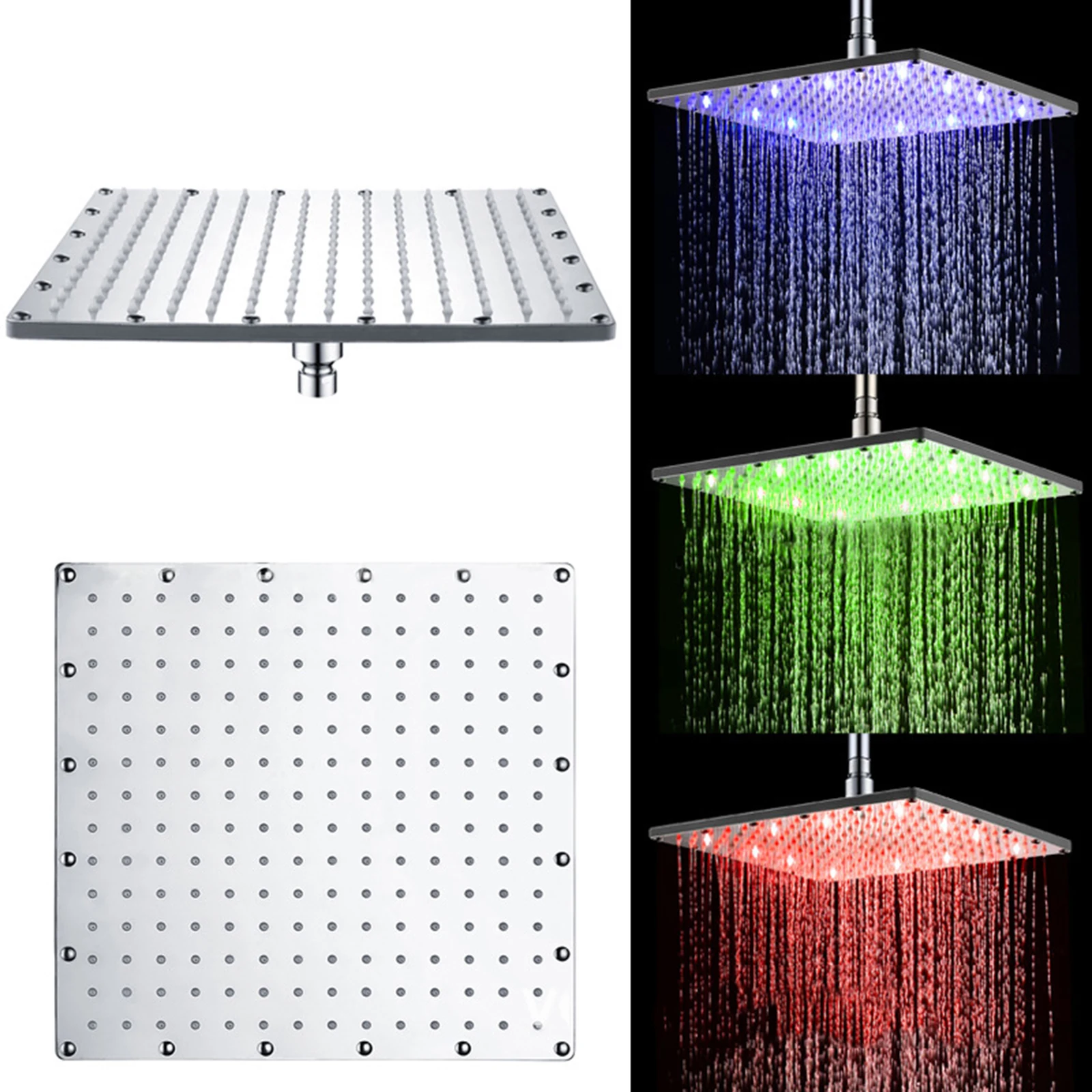 

LED Shower Head 8 Inch Square Rain Top Spray Water Shower Head Color-Changing Water Save Bathroom Accessories