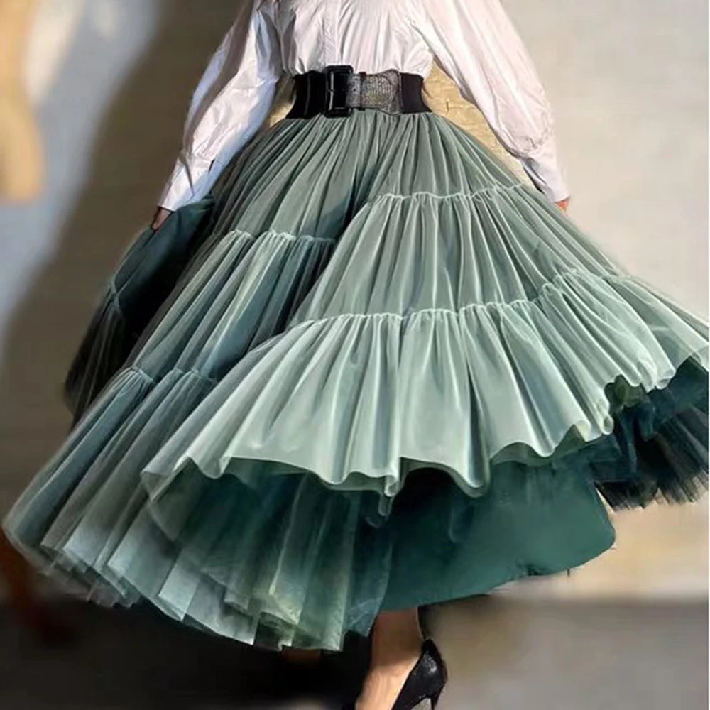 Spring and autumn light green + dark green super pendulum Gabon half-length princess skirt long gauze skirt