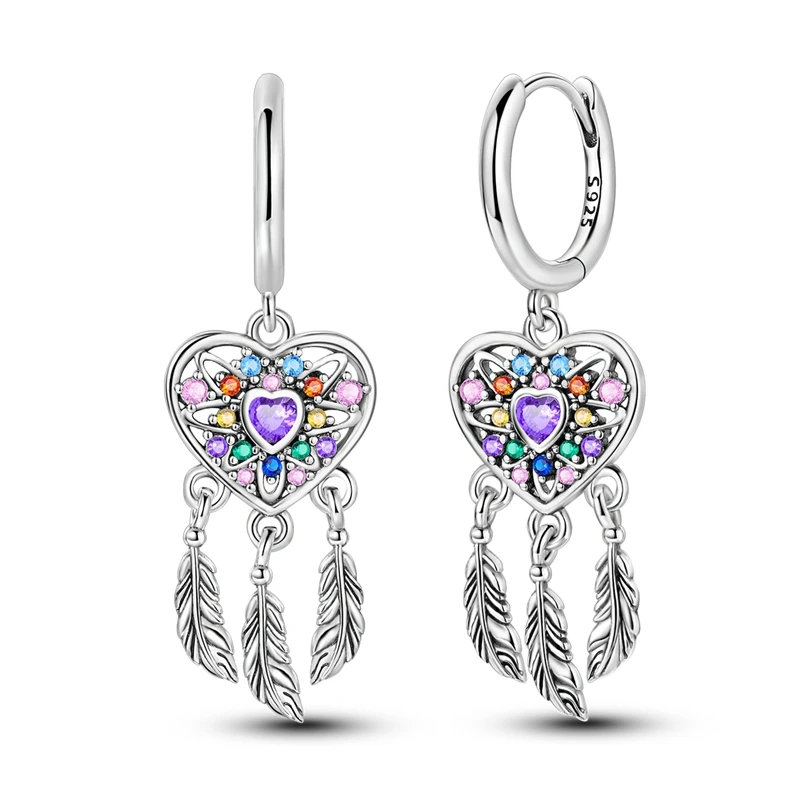 

925 Sterling Silver Earrings Women Dreamy Heart Shaped Dreamcatcher Drop Earring For Anniversary Wedding Jewelry Gifts