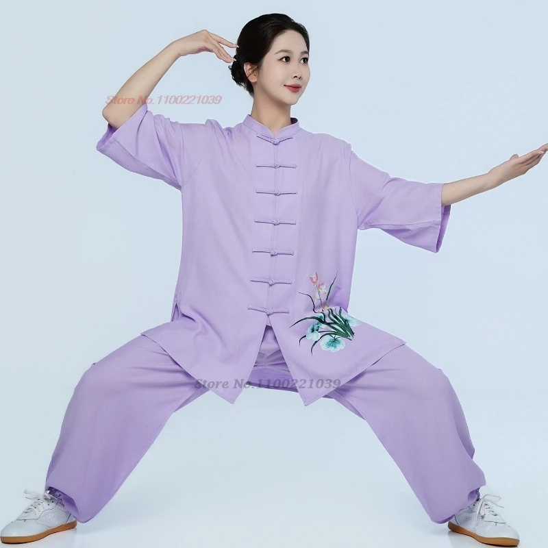 Strój do chińskiego tai chi wushu 2026, uniform do kungfu, strój do treningu, retro kwiatowy nadruk, bawełna i len, sztuki walki wushu, na zewnątrz, do chodzenia. — zdjęcie 3