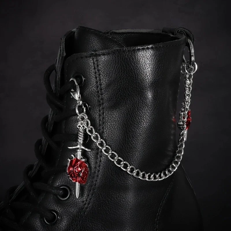 2Pcs Gothic Red Rose Sword Boots Chain Silver Metal Removable Shoe Chain Punk Boots Decorative Accessories Decoration