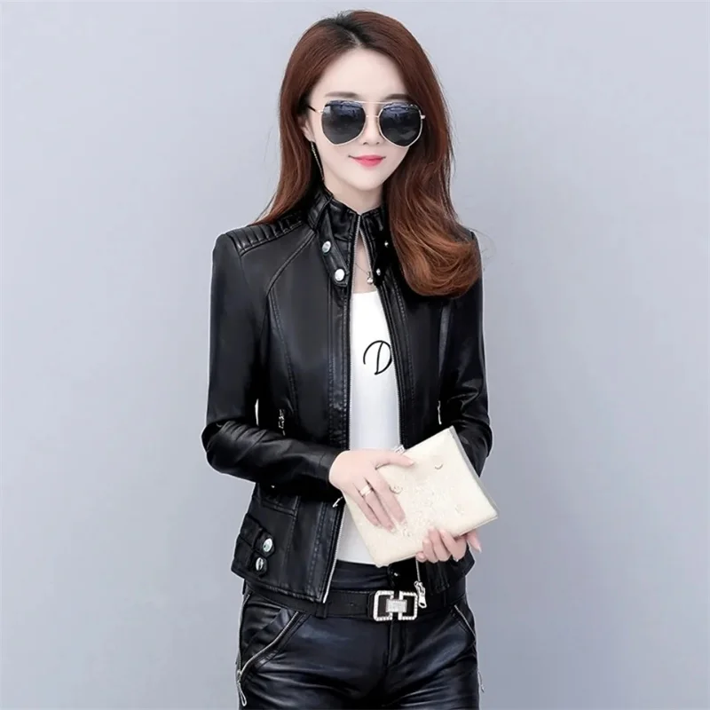 Fashion Spring and Autumn Loose Leather Coat Female Short Motorcycle Korean Version Slim Leather Jacket Round Neck Zipper Coat