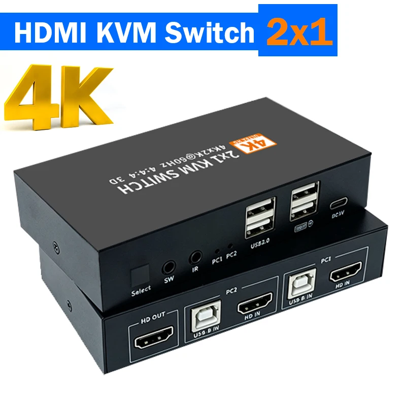 4K 60Hz HDMI KVM USB Switch 2 in 1 Out with 4 Ports USB2.0 Hub HDMI KVM Selector for 2 PC Share 1 Monitor Keyboard Mouse Printer