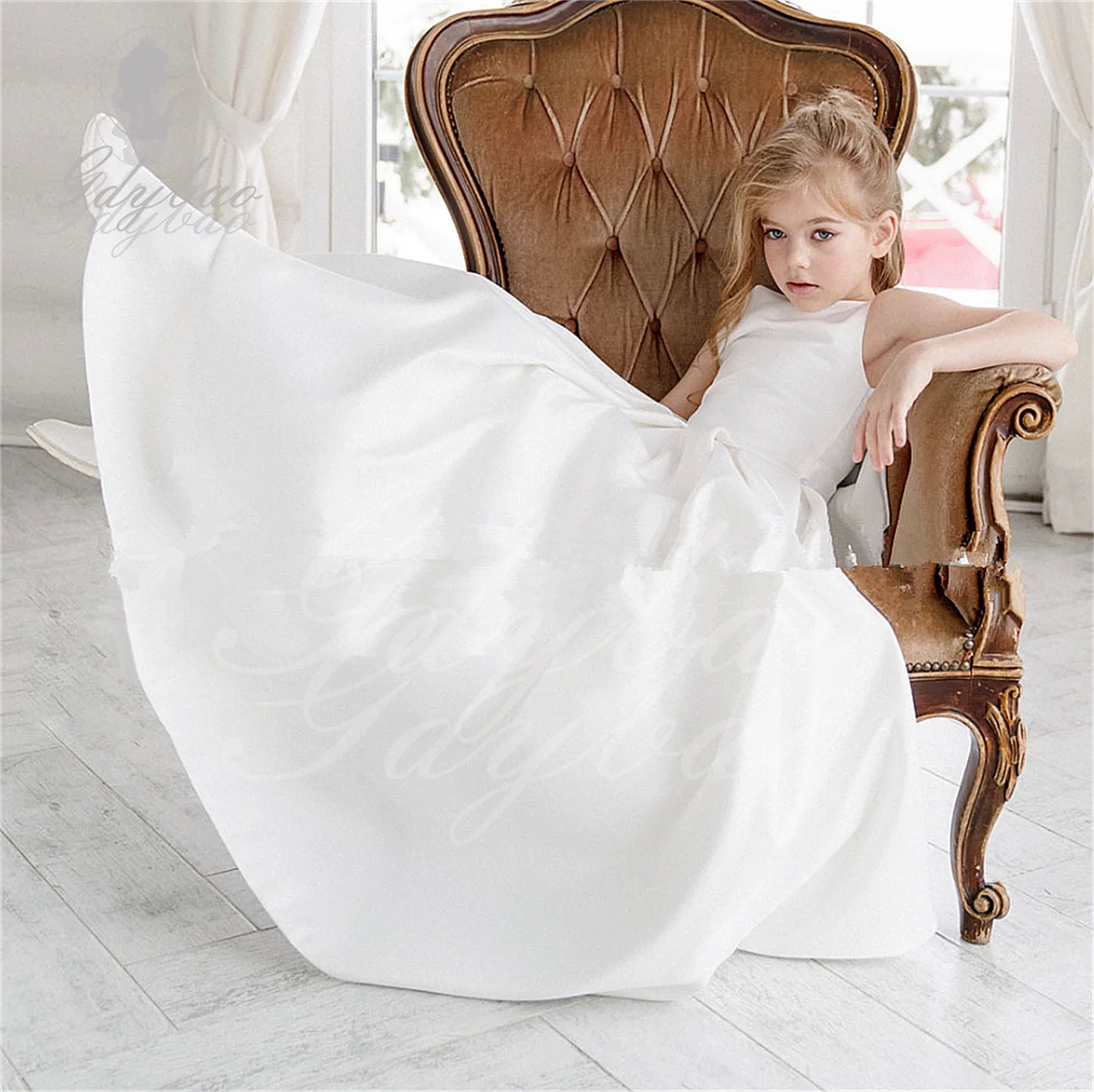 Vestido largo de satén con lazo de tul para niña, vestidos blancos de flores para boda, vestido de desfile de dama de honor, primera comunión