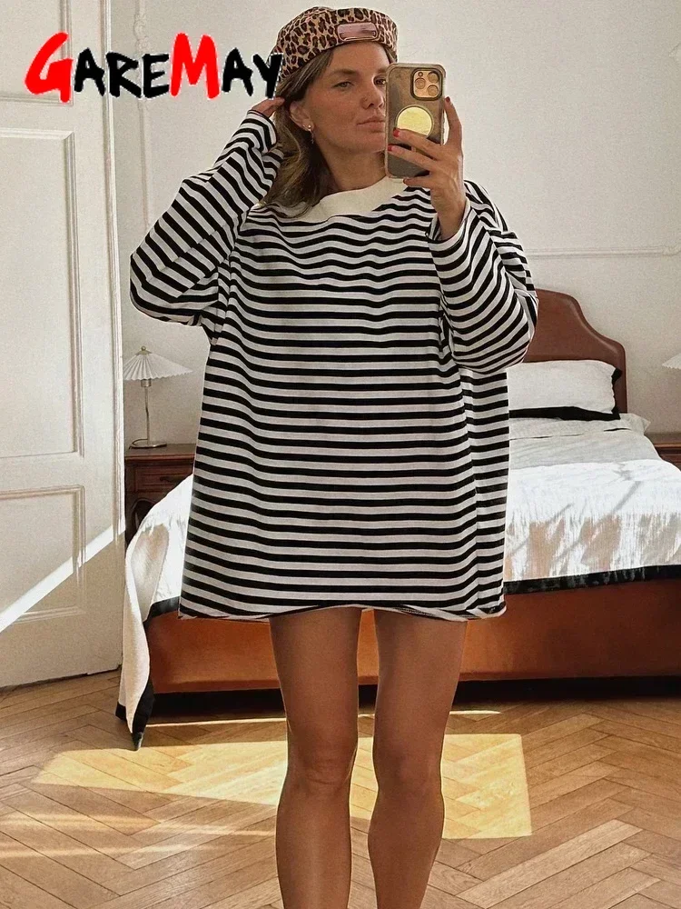 Women's Striped T-shirt 95% Cotton Oversized Black and White Casual Basic Long Sleeve Top Vintage  Casual T-shirts for Women