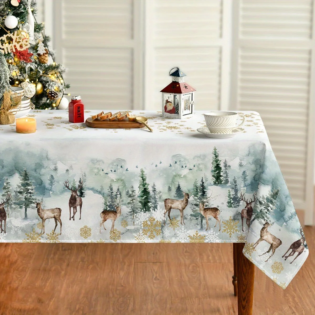Christmas Deer Golden Snowflake Tablecloth for Table Decor Winter Xmas Tree Snow Kitchen Dining Table Cloth Christmas Decoration