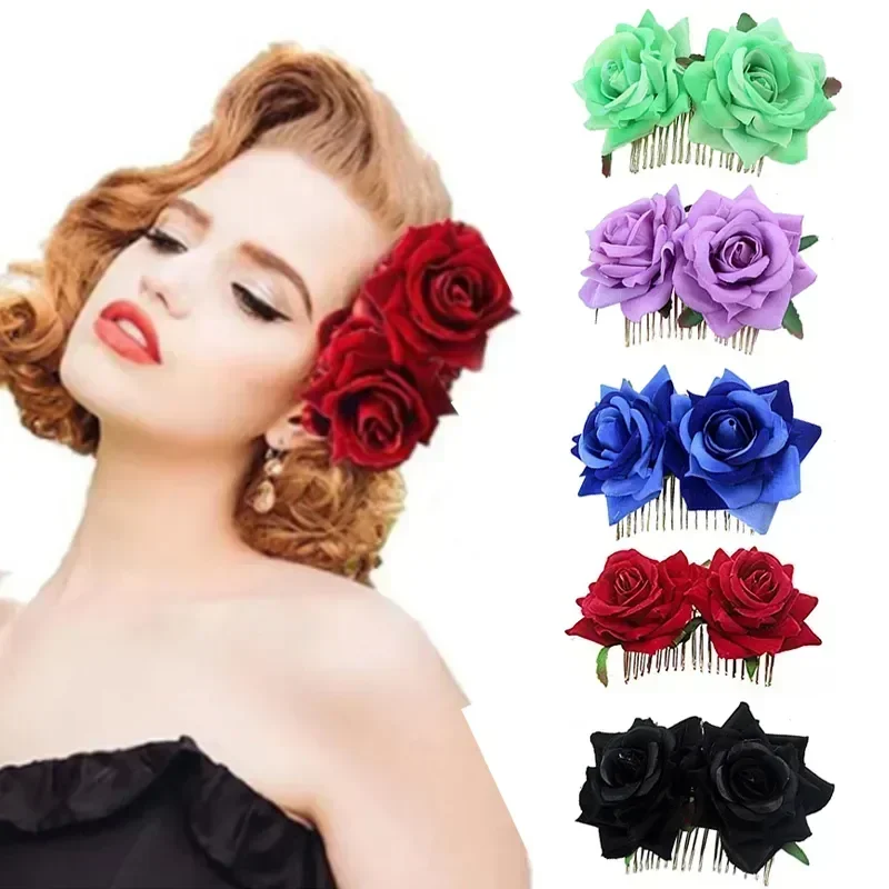 1PC Romantic Fancy Double Silk Artificial Rose Flower Hair Comb Purple Red Hair Clip Wedding Bridal Lady Prom Headpiece Headwear