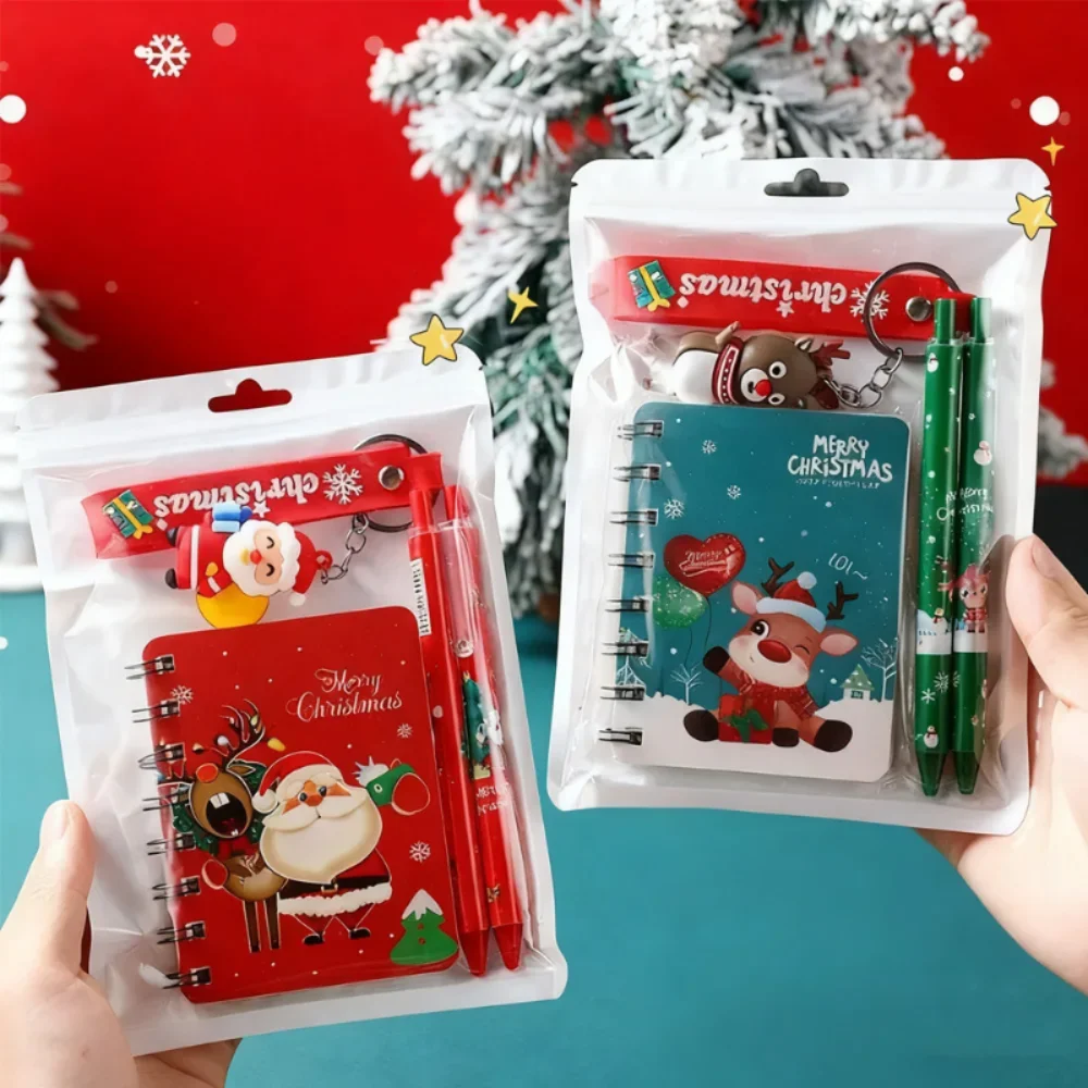 Christmas 3‑in‑1 Stationery Set Santa Snowflake Design Notebook Gel Pen Keychain Holiday Gift for Kids Student School Supplies