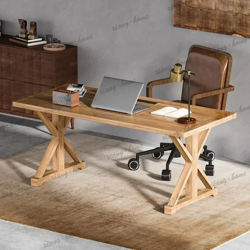 LD High Quality 70.9 Inch Solid Wood Executive Desk Rustic Farmhouse Computer Writing Table with X-Trestle Base for Home