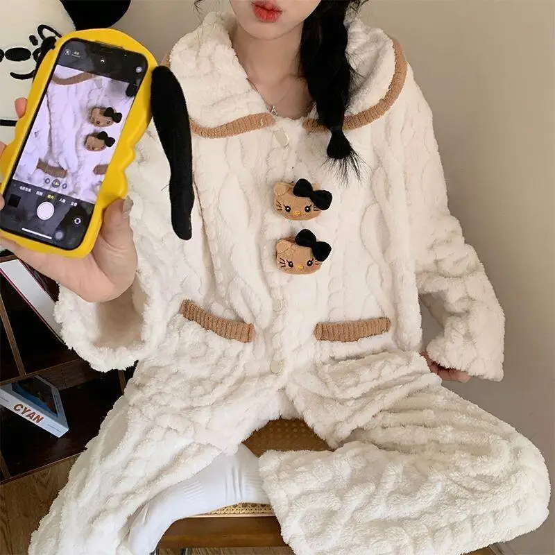Sanrio hello kitty coral velo pijamas para mulheres bonito dos desenhos animados flanela grossa quente manga comprida casa terno conjunto outono inverno