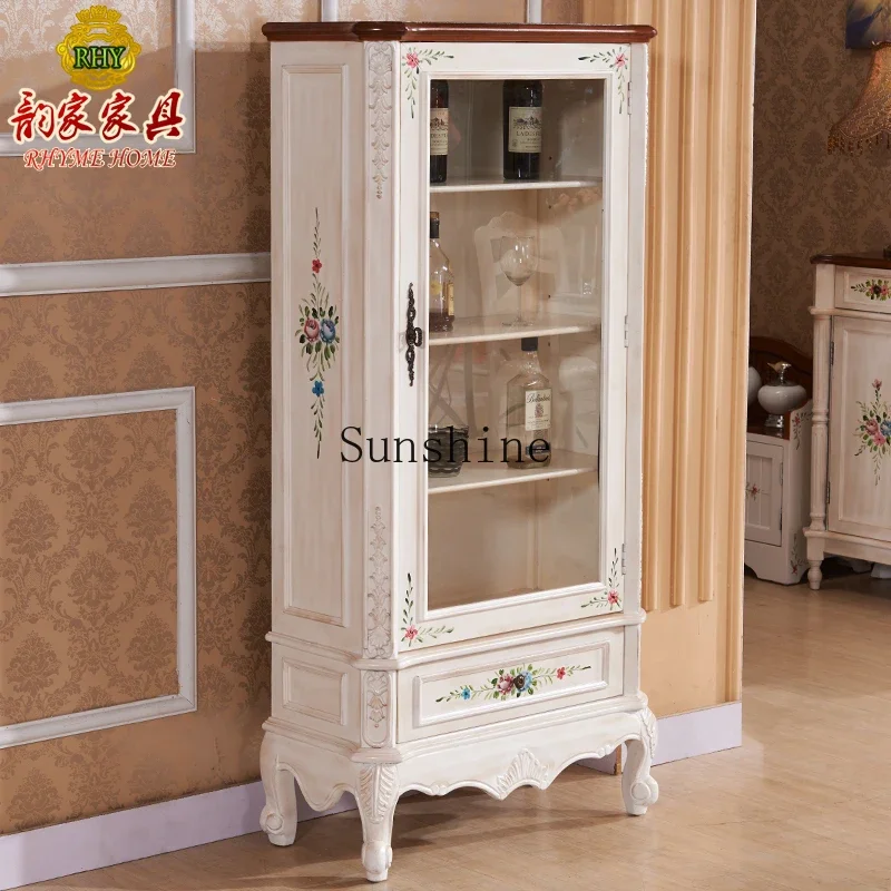 European and American pastoral style bookcase glass Mediterranean retro painted display side cabinet