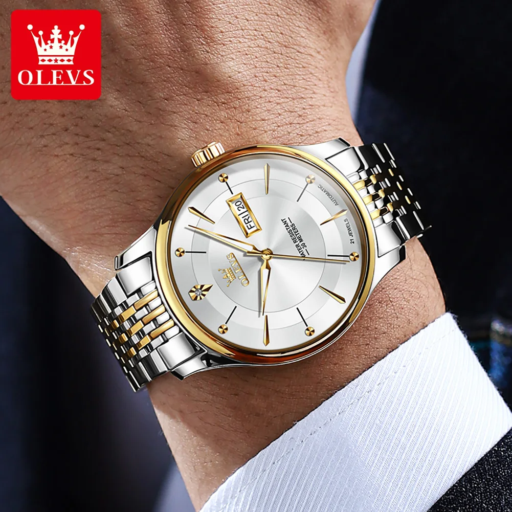 OLEVS 9927 Original Automatic Men\'s Watches Simple Dual Calendar Luxury Business Mechanical Wristwatch Stainless Steel Man Watch