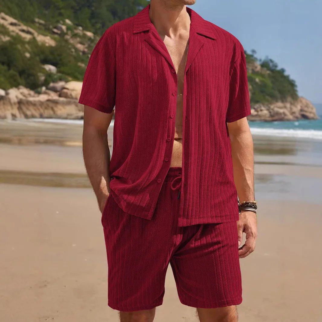 

Casual Summer Men's Beach Vaion ort Sve Open Cardigan ort Pants Set Comfortable Lightweight Towel Fabric Sportswear