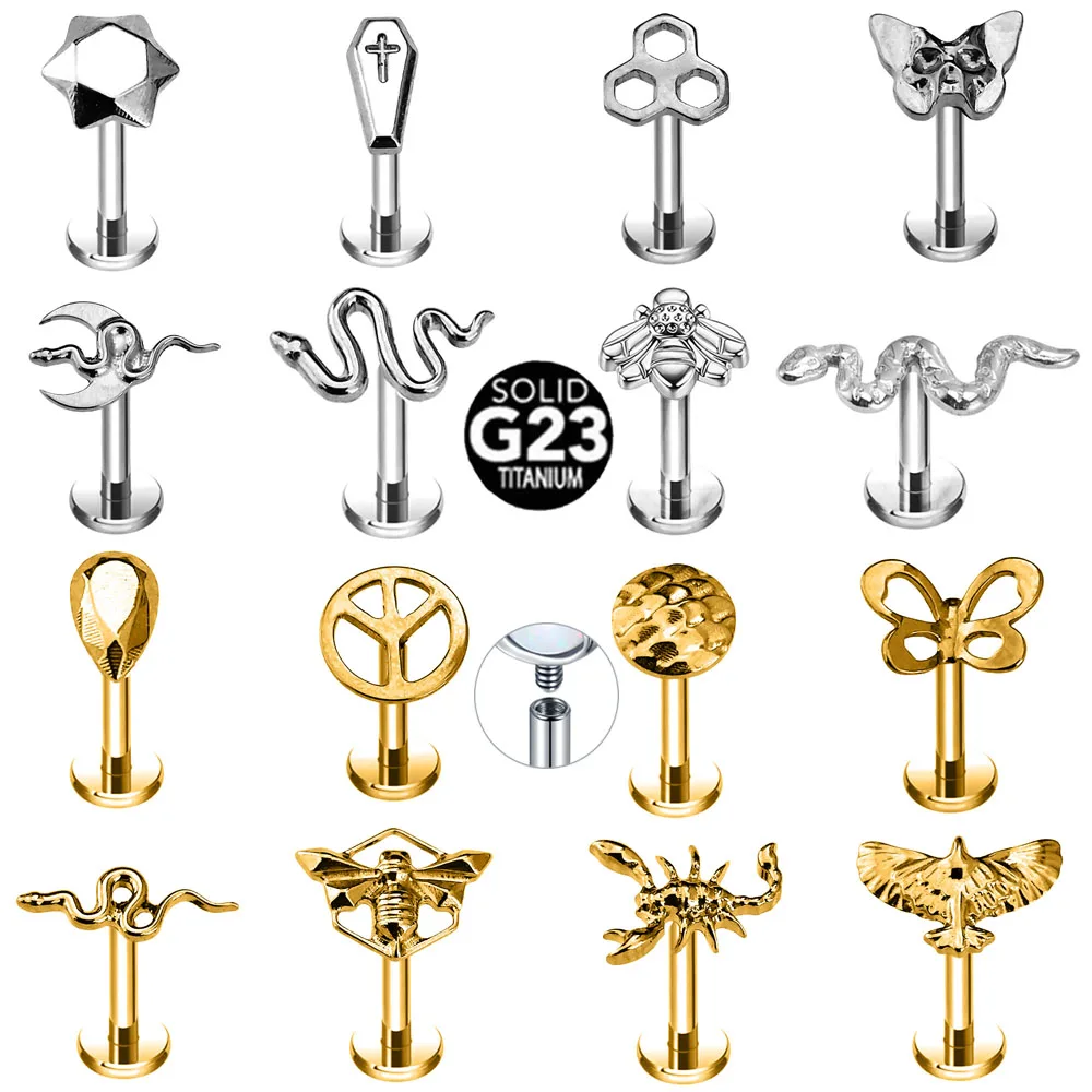 

ASTM F136 G23 Titanium 16G Snake Bee Drop Butterfly Internal Thread Labret Piercing Scorpion Flower Cross Daith Conch Earring