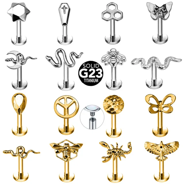 ASTM F136 G23 Titanium 16G Snake Bee Drop Butterfly Internal Thread Labret Piercing Scorpion Flower Cross Daith Conch Earring