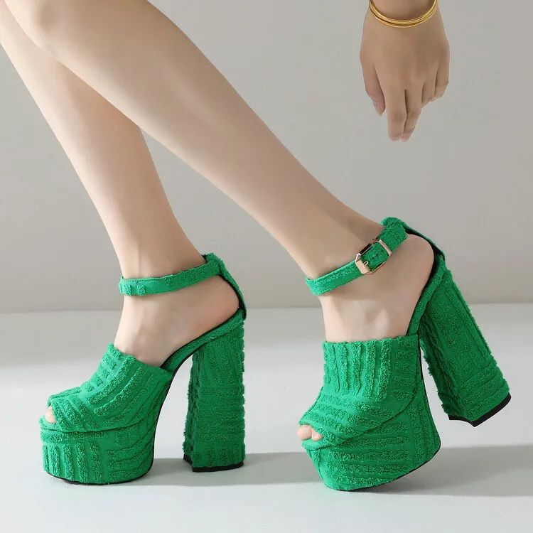 Women Terry Towel Platform Sandals Peep Toe Ankle Buckle Strap Block High Heels Party Statement Shoes