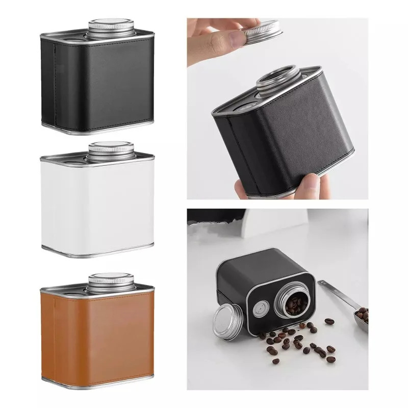 

Tinplate Coffee Canister Portable Coffee Beans Storage Tank with Valve Exhaust PU Leather Beans Sugar Food Grains Storage Can