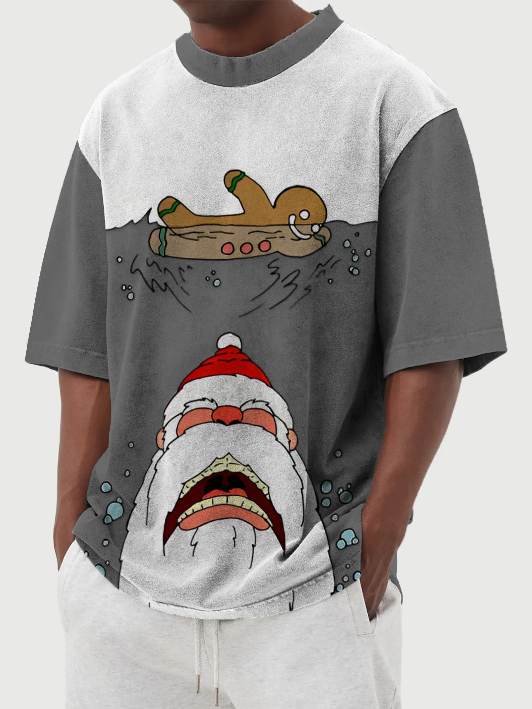 3D Printed T-Shirt Men's Crew Neck Short Sleeve Christmas Gingerbread Man Swimming Graphic T-Shirt Polyester Top Men Gift