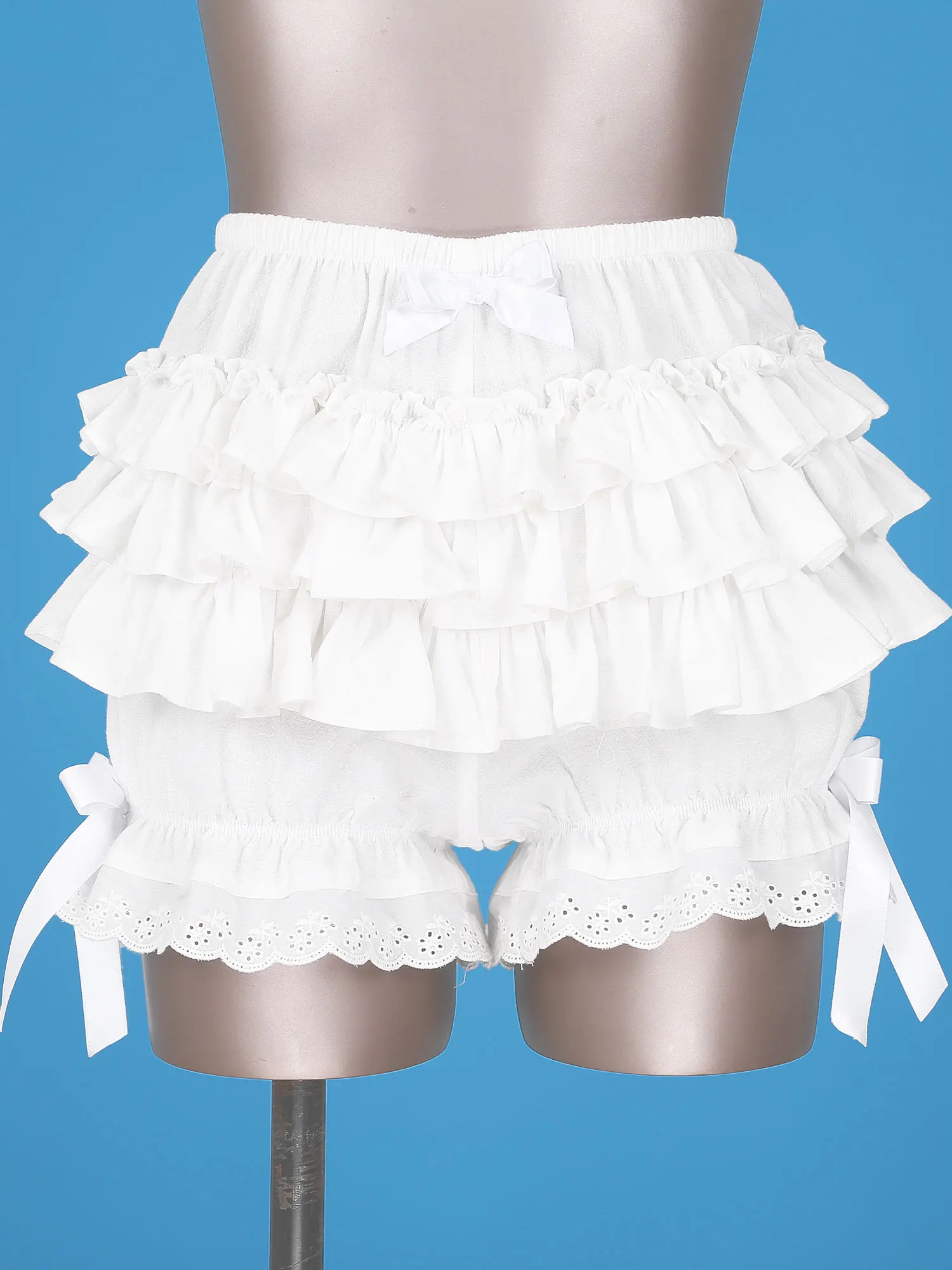 Women Lace Trim Layered Ruffle Bloomers Shorts Lolita Style Mid Waist Bow knot Decor Frilly Panties Solid Color Plaid Shorts