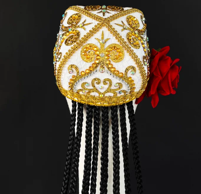 Chinese Uygurs Xinjiang Women Hat Include 8 Pigtail Sequin Stage