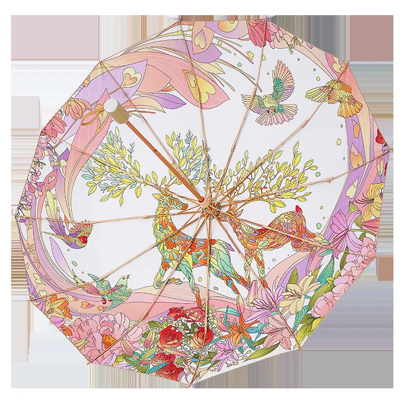 Retro Chinese Sun Umbrella Female Golden UV Protection 12Ribs Strong Parasol For Girl Windproof 3 Folding Umbrellas For Gift