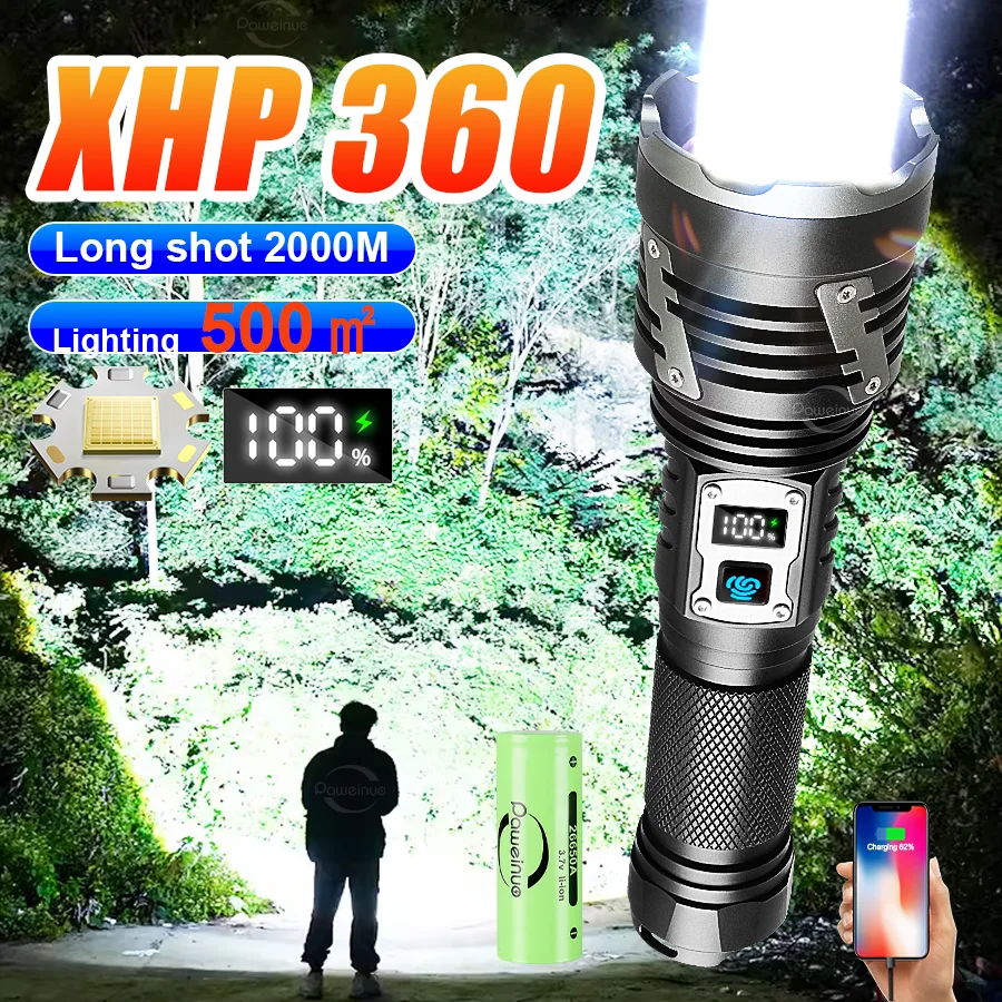 XHP360 Most Powerful LED Flashlight USB Rechargeable Lamp 26650 Ultra Powerful Flashlight Tactical Lantern Camping Torch